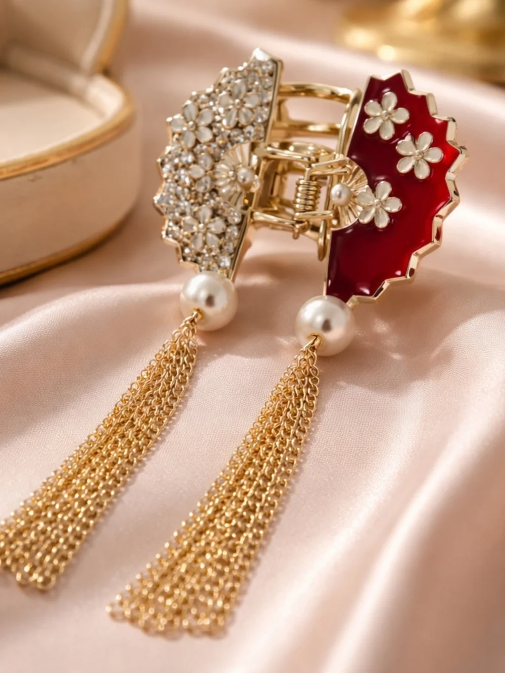Gold Pearl Tassel Hair Clip with Red Enamel and Crystal Flower Accents - Picture 1 of 5